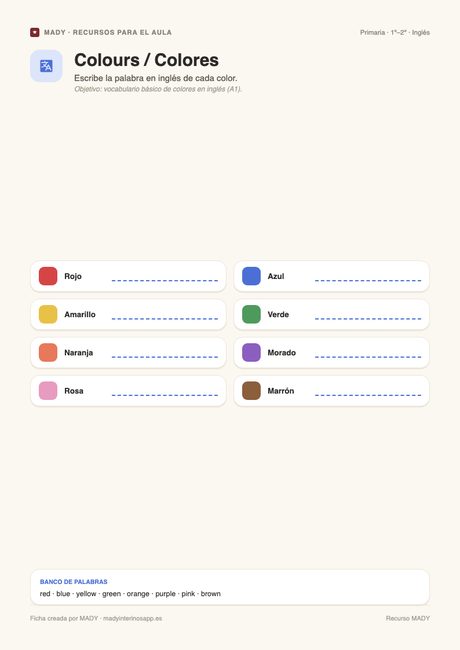 Vista previa de la ficha Vocabulario en inglés: colores