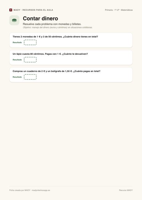 Vista previa de la ficha Contar dinero