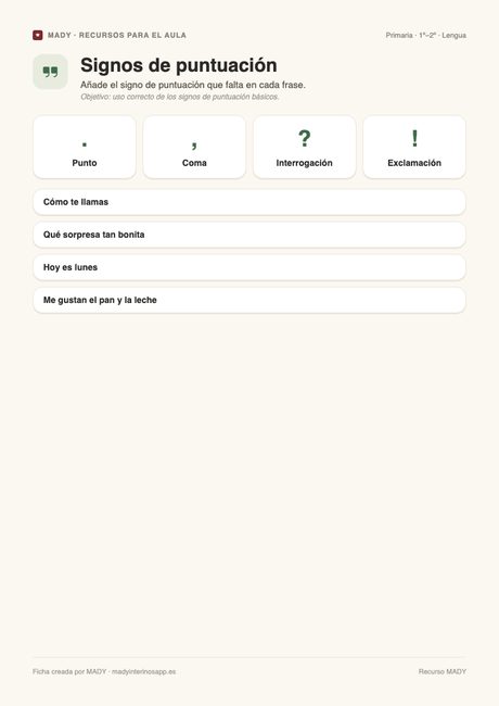 Vista previa de la ficha Signos de puntuación