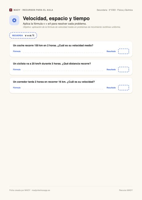 Vista previa de la ficha Velocidad, espacio y tiempo